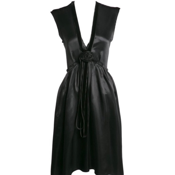 2005 Lanvin by Alber Elbaz Plunge Neck Black Satin Velvet Necklace Dress 38 - Picture 1 of 7